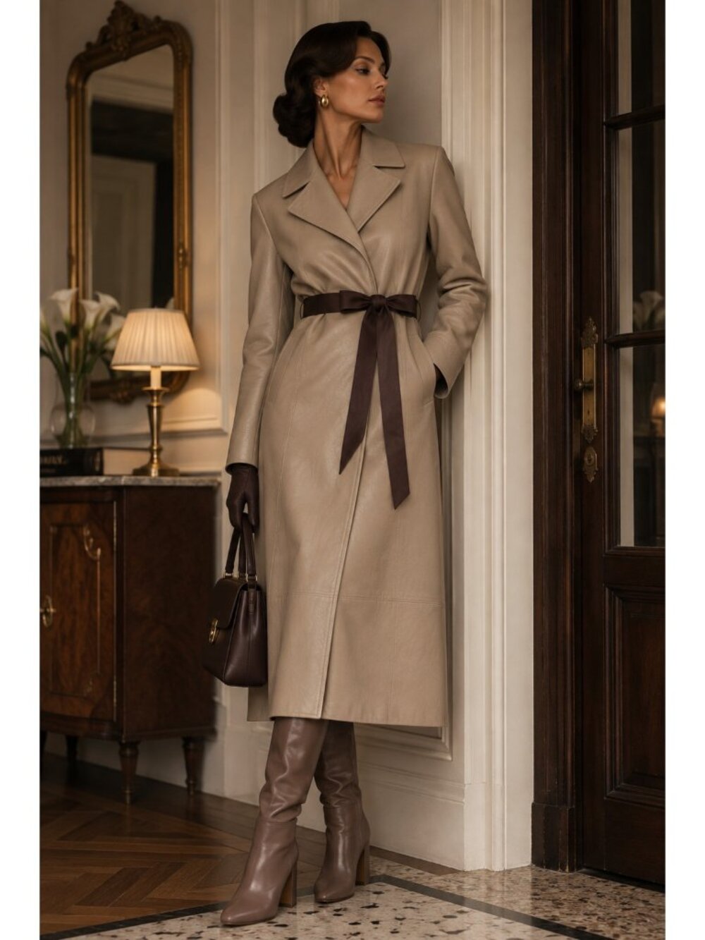 Vintage Nobbson Fort Wayne Soft Genuine Leather Long Belted Coat Beige S/M